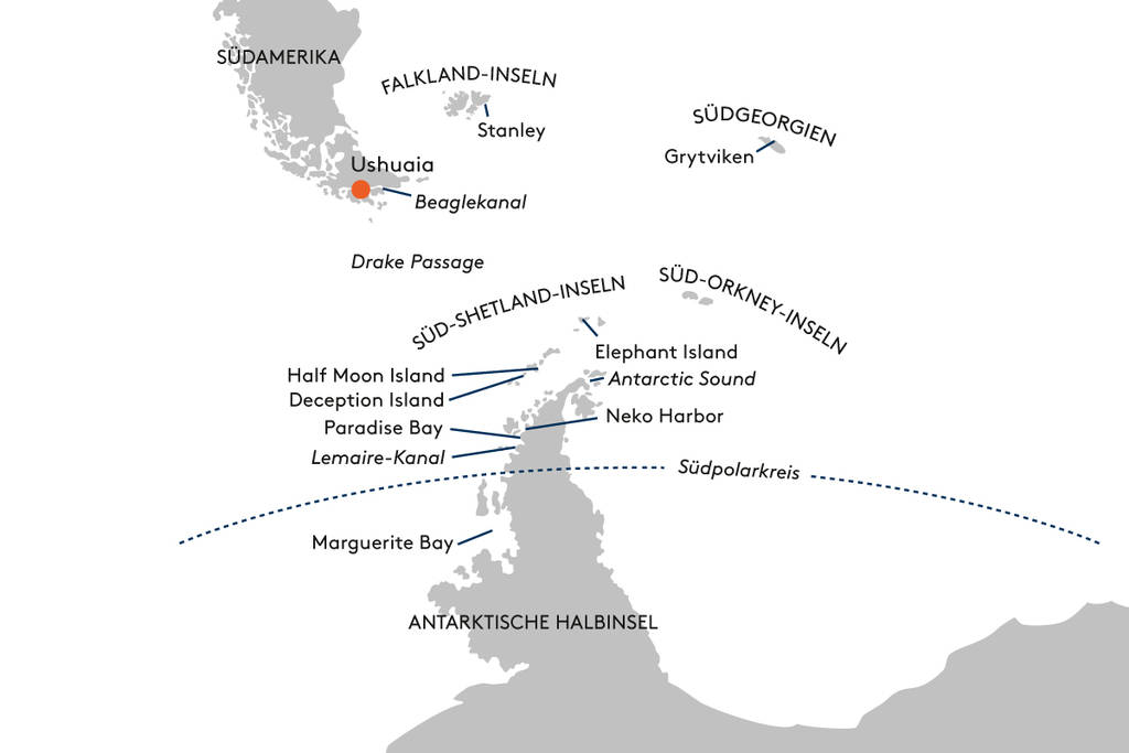 Expedition Antarktis - Groe Expeditionsroute intensiv mit Sdpolarkreis